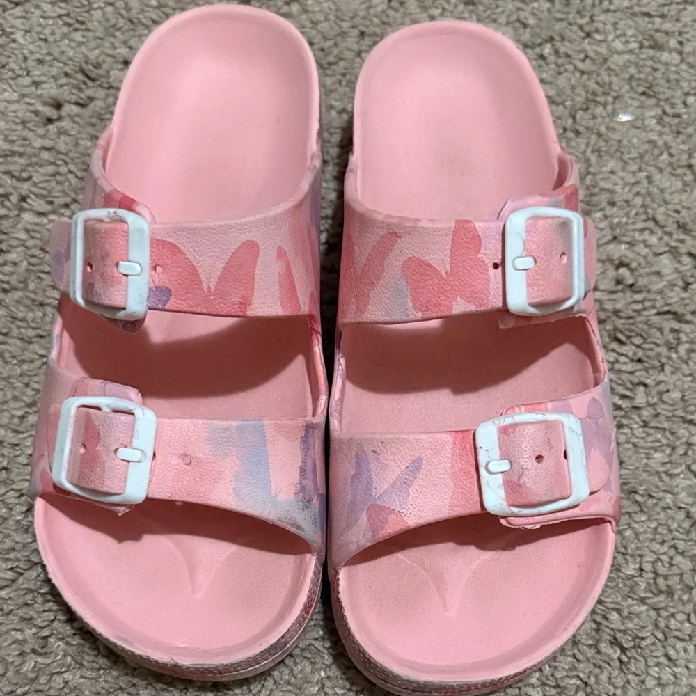 Kids Pink Double-Buckle Slide Sandals